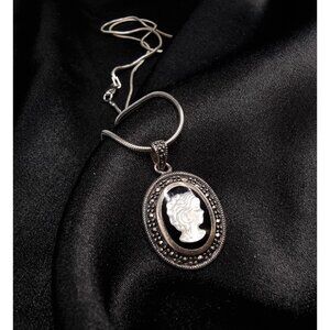 Vintage 925 Sterling Silver Marcasite Cameo Pendant Necklace With Chain